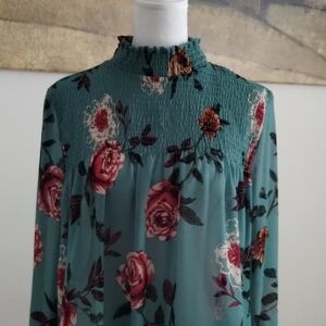 living doll Teal Floral Smocked Neck Long Sleeve Blouse